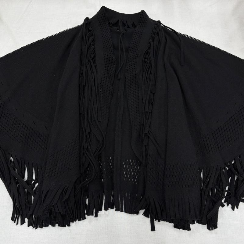 イッセイミヤケ ISSEY MIYAKE カーディガン 半袖 メッシュ ニット フリンジ フリンジ ポンチョ デザイン カーディガン IM13KO653 2 黒 / ブラック / black レディース USED 古着 中古 50164315