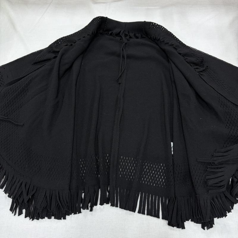 イッセイミヤケ ISSEY MIYAKE カーディガン 半袖 メッシュ ニット フリンジ フリンジ ポンチョ デザイン カーディガン IM13KO653 2 黒 / ブラック / black レディース USED 古着 中古 50164315