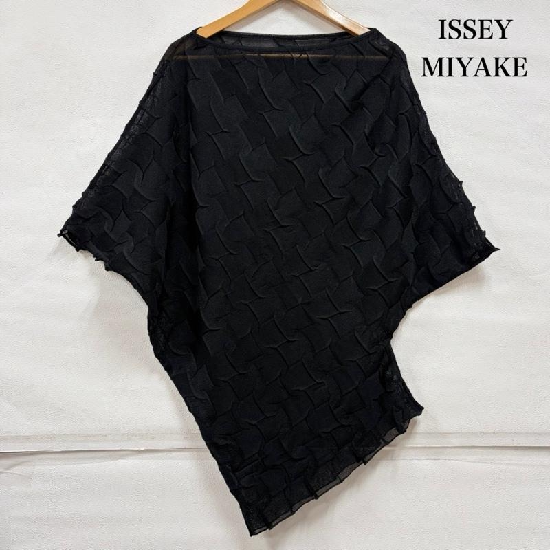 イッセイミヤケ ISSEY MIYAKE カットソー 半袖 エンボス加工 デザイン カットソー 変形 シアー ニット チュニック IM23KN015 日本製 2 無地 黒 / ブラック / black レディース USED 古着 中古 50164316