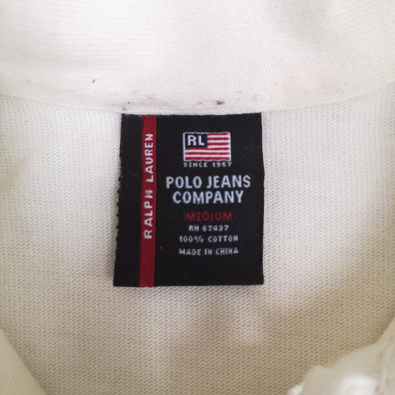 ラルフローレン RALPHLAUREN ポロシャツ 長袖 ロゴ刺繍 プロダクトタグ 布タグ ライン切り替え M 白 / ホワイト / white メンズ USED 古着 中古 50164336