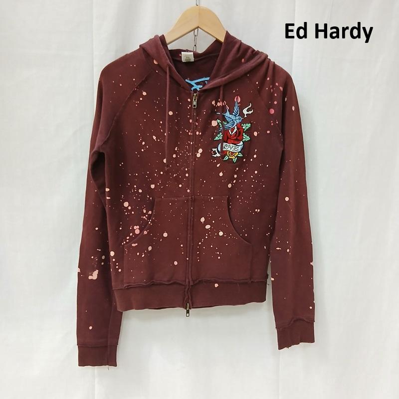 エドハーディー Ed Hardy パーカー 長袖 ブリーチ 加工 タトゥー デザイン ジップアップ パーカー XS えんじ / ワインレッド / dark red レディース USED 古着 中古 50164337