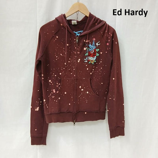 エドハーディー Ed Hardy パーカー 長袖 ブリーチ 加工 タトゥー デザイン ジップアップ パーカー XS えんじ / ワインレッド / dark red レディース USED 古着 中古 50164337