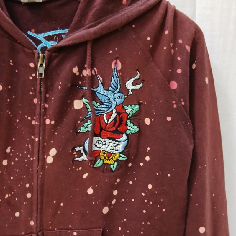 エドハーディー Ed Hardy パーカー 長袖 ブリーチ 加工 タトゥー デザイン ジップアップ パーカー XS えんじ / ワインレッド / dark red レディース USED 古着 中古 50164337