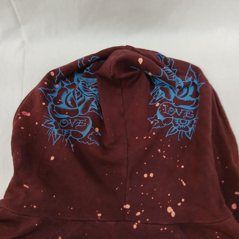 エドハーディー Ed Hardy パーカー 長袖 ブリーチ 加工 タトゥー デザイン ジップアップ パーカー XS えんじ / ワインレッド / dark red レディース USED 古着 中古 50164337