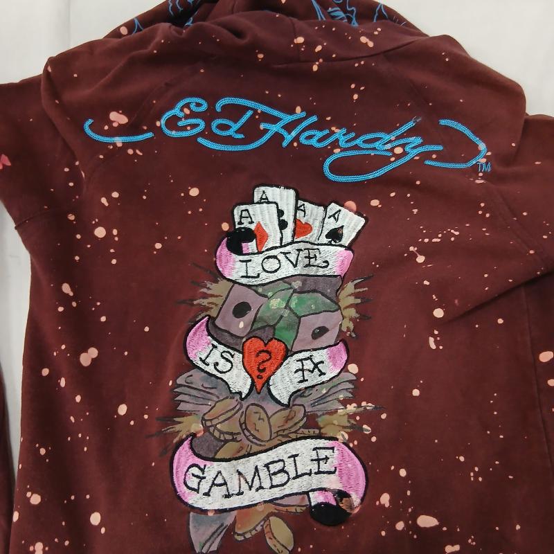 エドハーディー Ed Hardy パーカー 長袖 ブリーチ 加工 タトゥー デザイン ジップアップ パーカー XS えんじ / ワインレッド / dark red レディース USED 古着 中古 50164337