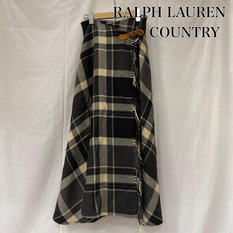 ラルフローレン RALPHLAUREN スカート ロングスカート RALPHLAUREN COUNTRY ストール風巻きスカート フリンジ チェック柄 ブラック×グレー 9 インパクト21製 9号 チェック 黒 / ブラック / black X 灰 / グレー / gray レディース USED 古着 中古 50164414