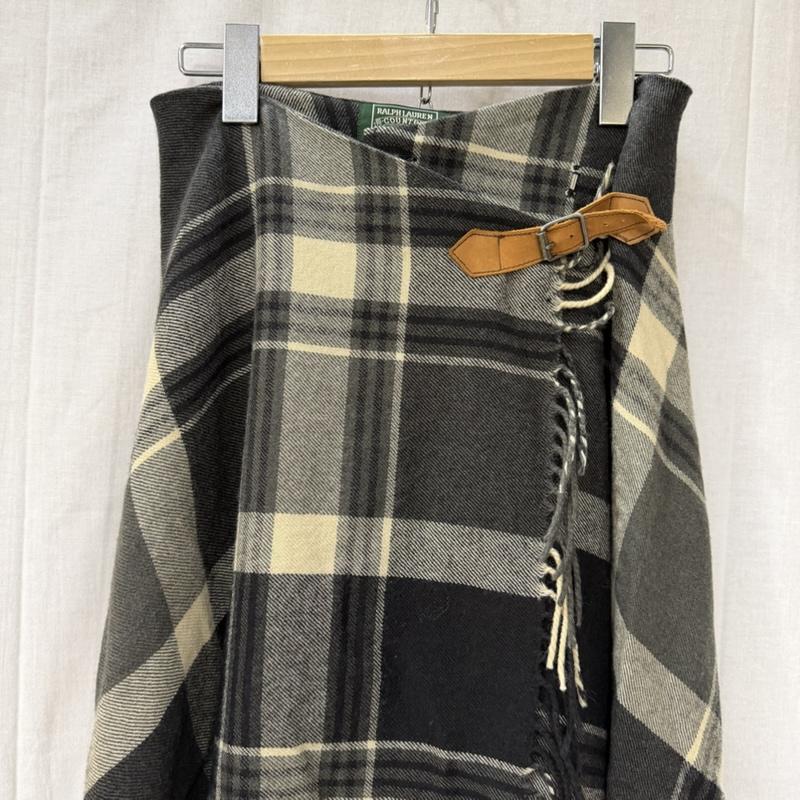 ラルフローレン RALPHLAUREN スカート ロングスカート RALPHLAUREN COUNTRY ストール風巻きスカート フリンジ チェック柄 ブラック×グレー 9 インパクト21製 9号 チェック 黒 / ブラック / black X 灰 / グレー / gray レディース USED 古着 中古 50164414
