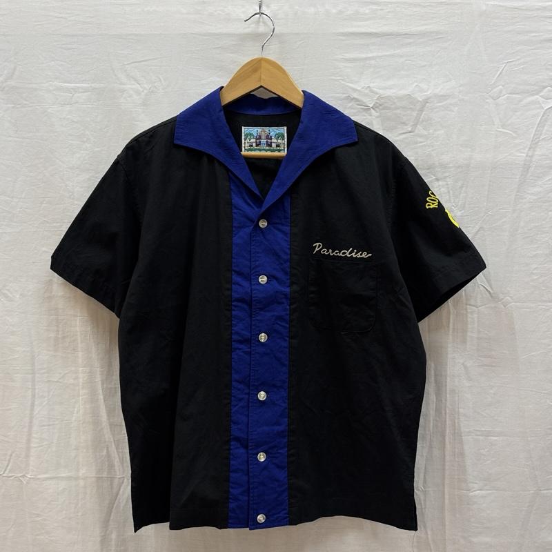 古着 USED シャツ、ブラウス 半袖 VACATION ROCK A REBEL 二丁拳銃 フェルトプリント イタリアンカラー 半袖 シャツ - 黒 / ブラック / black X 青 / ブルー / blue メンズ USED 古着 中古 50164427