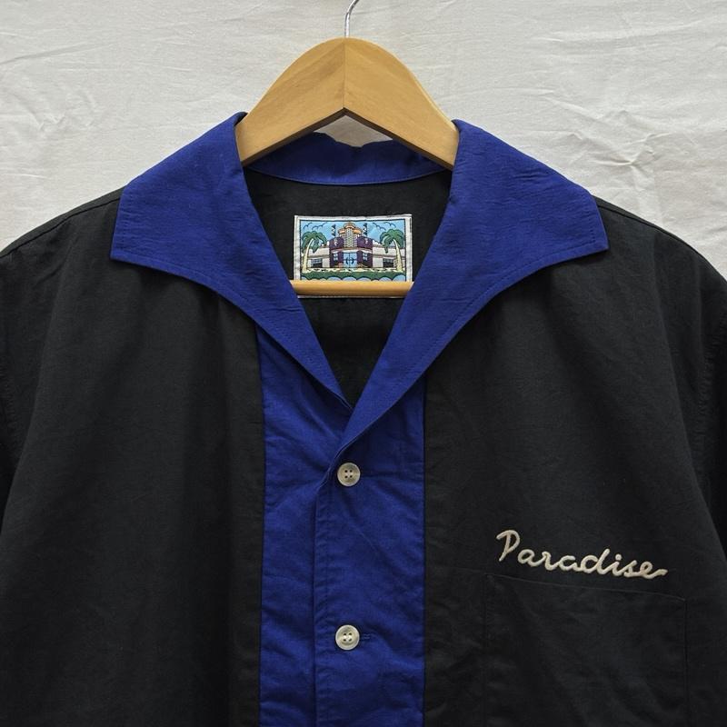 古着 USED シャツ、ブラウス 半袖 VACATION ROCK A REBEL 二丁拳銃 フェルトプリント イタリアンカラー 半袖 シャツ - 黒 / ブラック / black X 青 / ブルー / blue メンズ USED 古着 中古 50164427