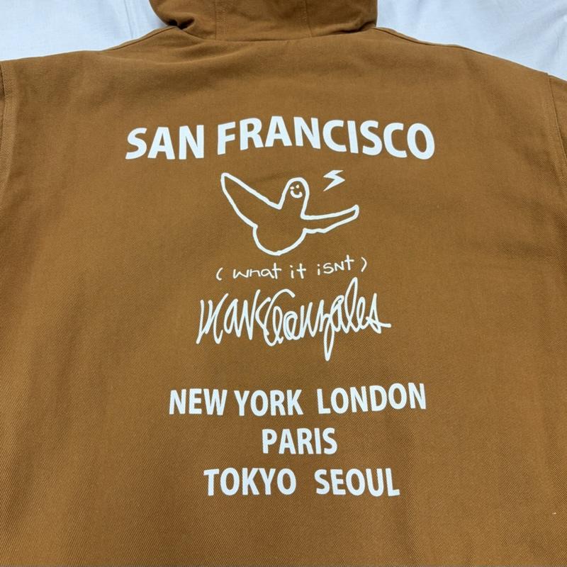 マーク・ゴンザレス Mark Gonzales ジャケット、上着 ジャンパー、ブルゾン ダック キルティング ロゴ 刺繍 プリント パーカー フード アクティブ ワーク ジャケット ブルゾン XL ロゴ、文字 X 刺繍 X プリント キャメル / キャメル / メンズ USED 古着 中古 50164446