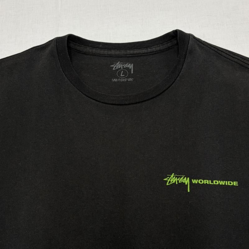 ステューシー STUSSY Tシャツ 半袖 半袖 メッセージ 両面プリント Tシャツ ロゴ WORLD WIDE L ロゴ、文字 X プリント 黒 / ブラック / black X 黄緑 / イエローグリーン / メンズ USED 古着 中古 50164450