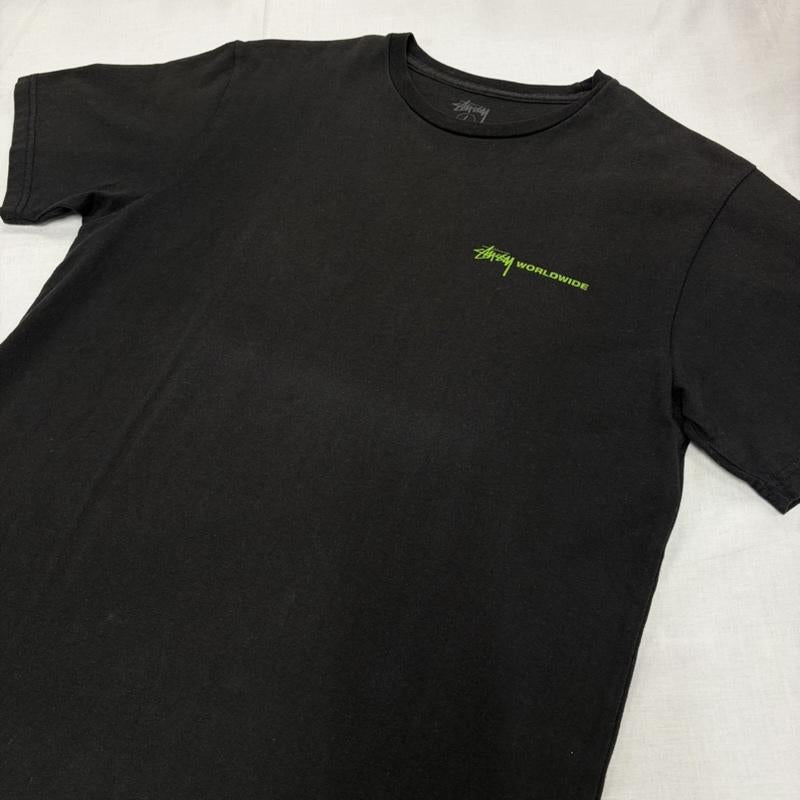 ステューシー STUSSY Tシャツ 半袖 半袖 メッセージ 両面プリント Tシャツ ロゴ WORLD WIDE L ロゴ、文字 X プリント 黒 / ブラック / black X 黄緑 / イエローグリーン / メンズ USED 古着 中古 50164450