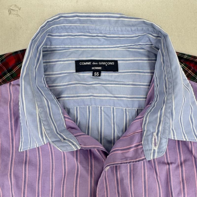 コムデギャルソンオム COMME des GARCONS HOMME シャツ、ブラウス 長袖 クレイジーパターン 切り替え ストライプ タータンチェック 長袖シャツ 2008AW XS 水色 / ライトブルー / メンズ USED 古着 中古 50164635