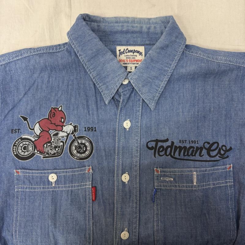 テッドマン TEDMAN シャツ、ブラウス 長袖 TED COMPANY 両面プリント長袖シャツ シャンブレーシャツ ワークシャツ light blue S S プリント 水色 / ライトブルー / メンズ USED 古着 中古 50164643