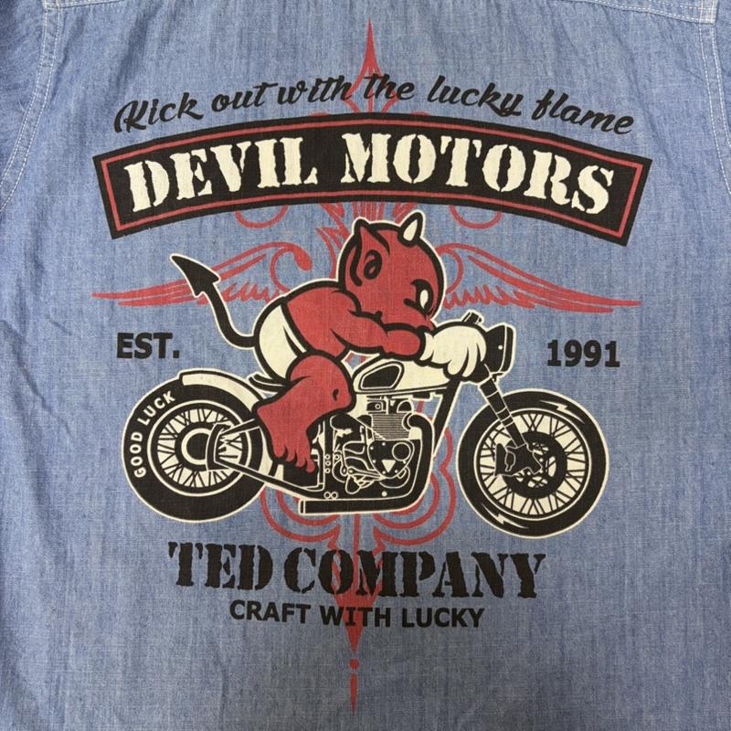 テッドマン TEDMAN シャツ、ブラウス 長袖 TED COMPANY 両面プリント長袖シャツ シャンブレーシャツ ワークシャツ light blue S S プリント 水色 / ライトブルー / メンズ USED 古着 中古 50164643
