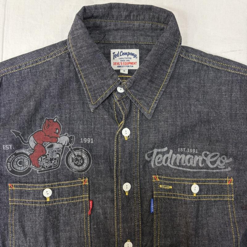 テッドマン TEDMAN シャツ、ブラウス 長袖 TED COMPANY 両面プリント長袖シャツ シャンブレーシャツ ワークシャツ indigo blue S S プリント インディゴ / インディゴ / Indigo メンズ USED 古着 中古 50164649