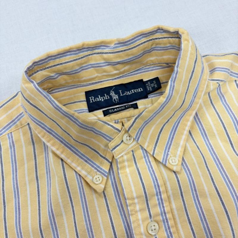ラルフローレン RALPHLAUREN シャツ、ブラウス 長袖 90s ボタンダウン 長袖 ストライプ シャツ ポニー刺繍 ヴィンテージ 16サイズ - ストライプ X ワンポイント X ロゴ、文字 X 刺繍 黄 / イエロー / yellow X 青 / ブルー / blue X 紺 / ネイビー / navy メンズ USED 古着 中古 50164770