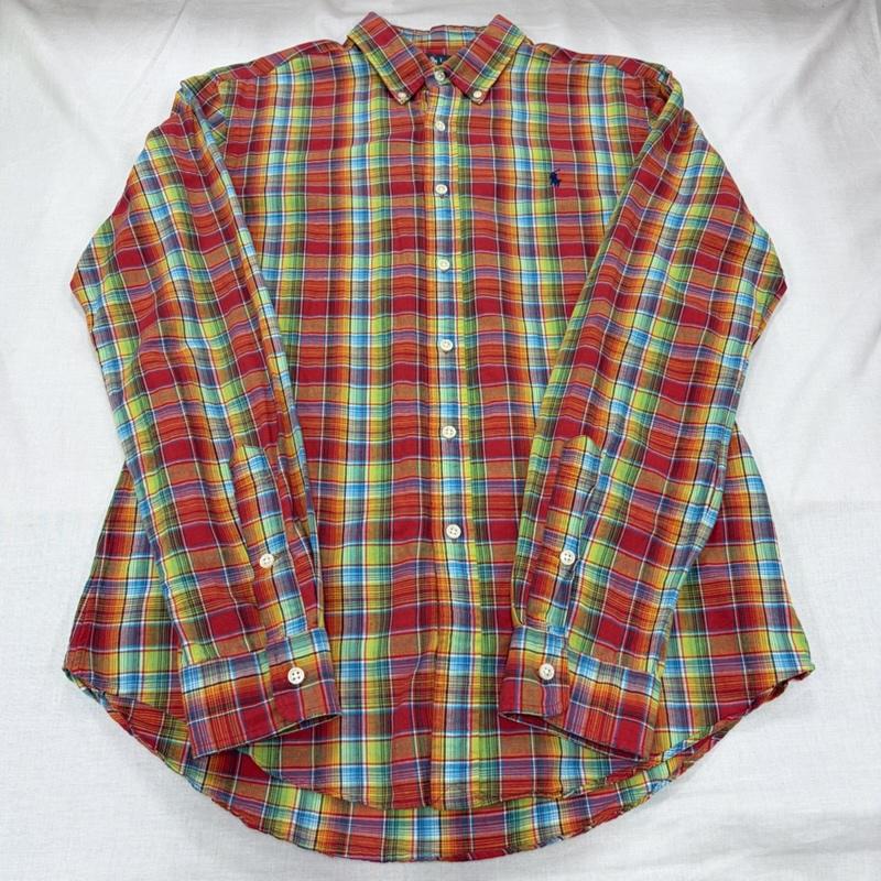 ラルフローレン RALPHLAUREN シャツ、ブラウス 長袖 ボタンダウン 長袖 マドラス チェック シャツ ポニー刺繡 コットン リネン M チェック X ワンポイント X ロゴ、文字 X 刺繍 赤 / レッド / red X マルチカラー / マルチカラー / multicolor メンズ USED 古着 中古 50164772