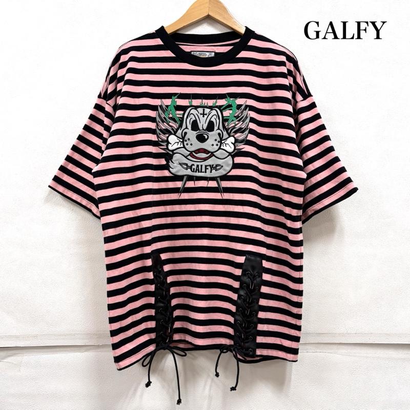 ガルフィー GALFY Tシャツ 半袖 ゴリ厨ニボーダー 半袖 Tシャツ Tee ロゴ 刺繍 レースアップ パンク Y2K XL ボーダー柄 X ロゴ、文字 X 刺繍 桃 / ピンク / pink X 黒 / ブラック / black メンズ USED 古着 中古 50164863