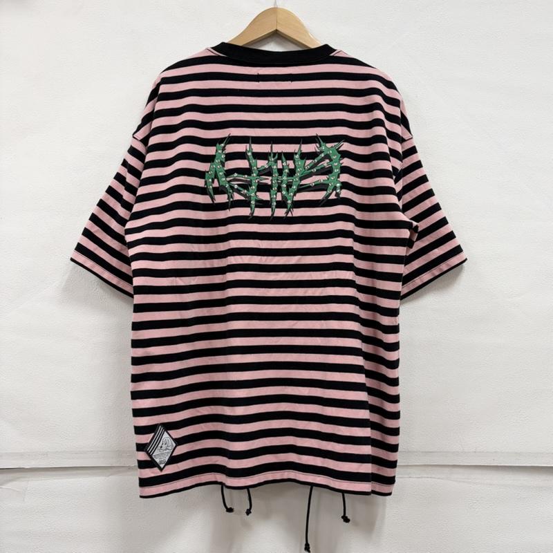 ガルフィー GALFY Tシャツ 半袖 ゴリ厨ニボーダー 半袖 Tシャツ Tee ロゴ 刺繍 レースアップ パンク Y2K XL ボーダー柄 X ロゴ、文字 X 刺繍 桃 / ピンク / pink X 黒 / ブラック / black メンズ USED 古着 中古 50164863