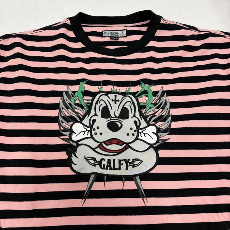 ガルフィー GALFY Tシャツ 半袖 ゴリ厨ニボーダー 半袖 Tシャツ Tee ロゴ 刺繍 レースアップ パンク Y2K XL ボーダー柄 X ロゴ、文字 X 刺繍 桃 / ピンク / pink X 黒 / ブラック / black メンズ USED 古着 中古 50164863