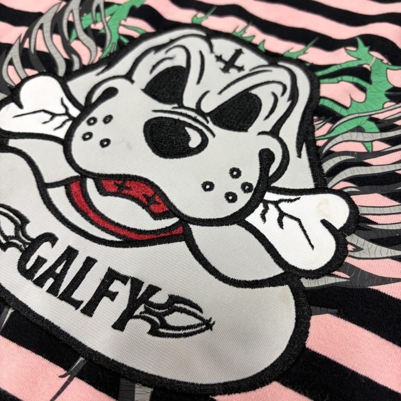 ガルフィー GALFY Tシャツ 半袖 ゴリ厨ニボーダー 半袖 Tシャツ Tee ロゴ 刺繍 レースアップ パンク Y2K XL ボーダー柄 X ロゴ、文字 X 刺繍 桃 / ピンク / pink X 黒 / ブラック / black メンズ USED 古着 中古 50164863