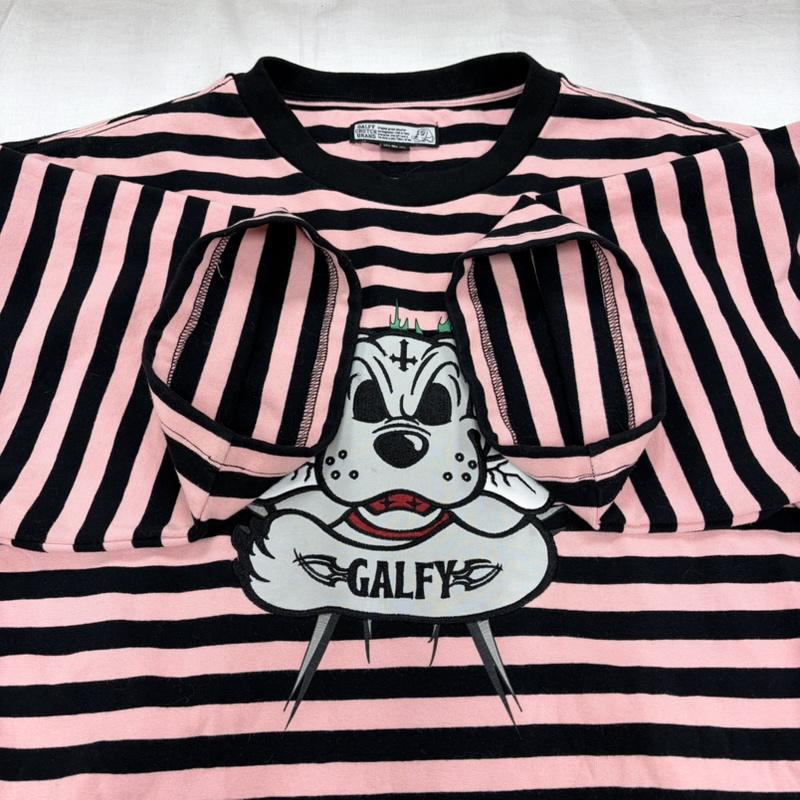 ガルフィー GALFY Tシャツ 半袖 ゴリ厨ニボーダー 半袖 Tシャツ Tee ロゴ 刺繍 レースアップ パンク Y2K XL ボーダー柄 X ロゴ、文字 X 刺繍 桃 / ピンク / pink X 黒 / ブラック / black メンズ USED 古着 中古 50164863