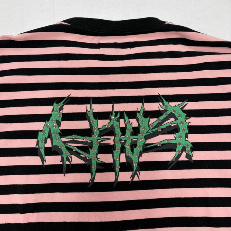 ガルフィー GALFY Tシャツ 半袖 ゴリ厨ニボーダー 半袖 Tシャツ Tee ロゴ 刺繍 レースアップ パンク Y2K XL ボーダー柄 X ロゴ、文字 X 刺繍 桃 / ピンク / pink X 黒 / ブラック / black メンズ USED 古着 中古 50164863