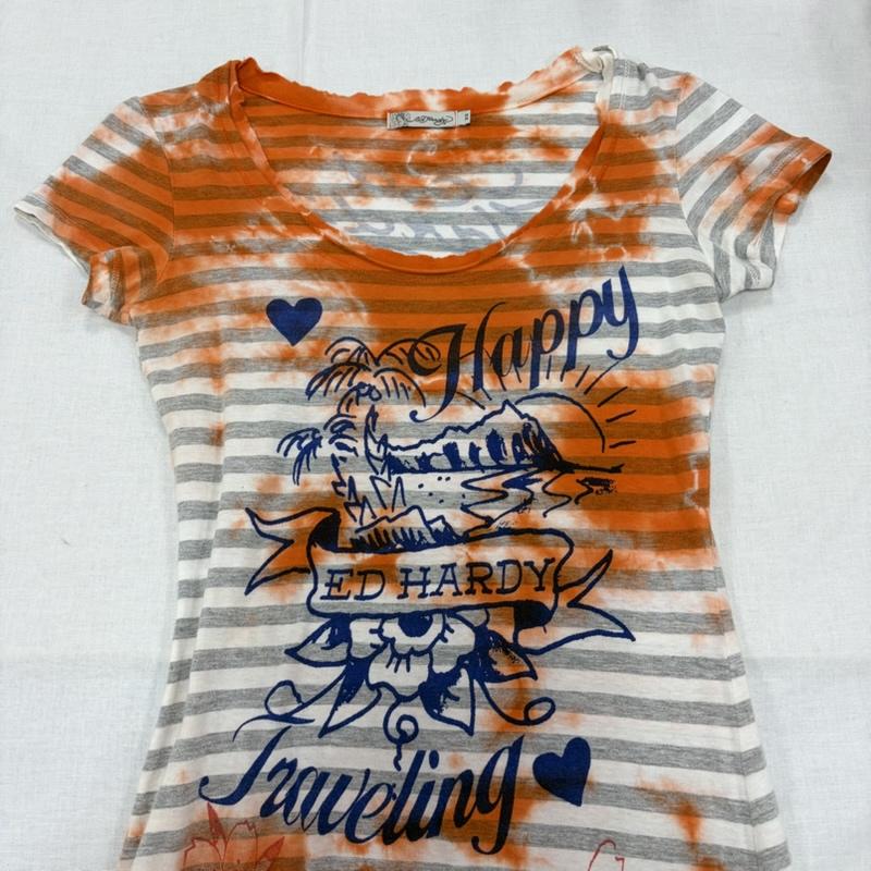 エドハーディー Ed Hardy Tシャツ 半袖 半袖 Tシャツ ボーダー ロゴ プリント Y2K タイダイ XS プリント X ロゴ、文字 橙 / オレンジ / orange X 白 / ホワイト / white X 灰 / グレー / gray レディース USED 古着 中古 50164943
