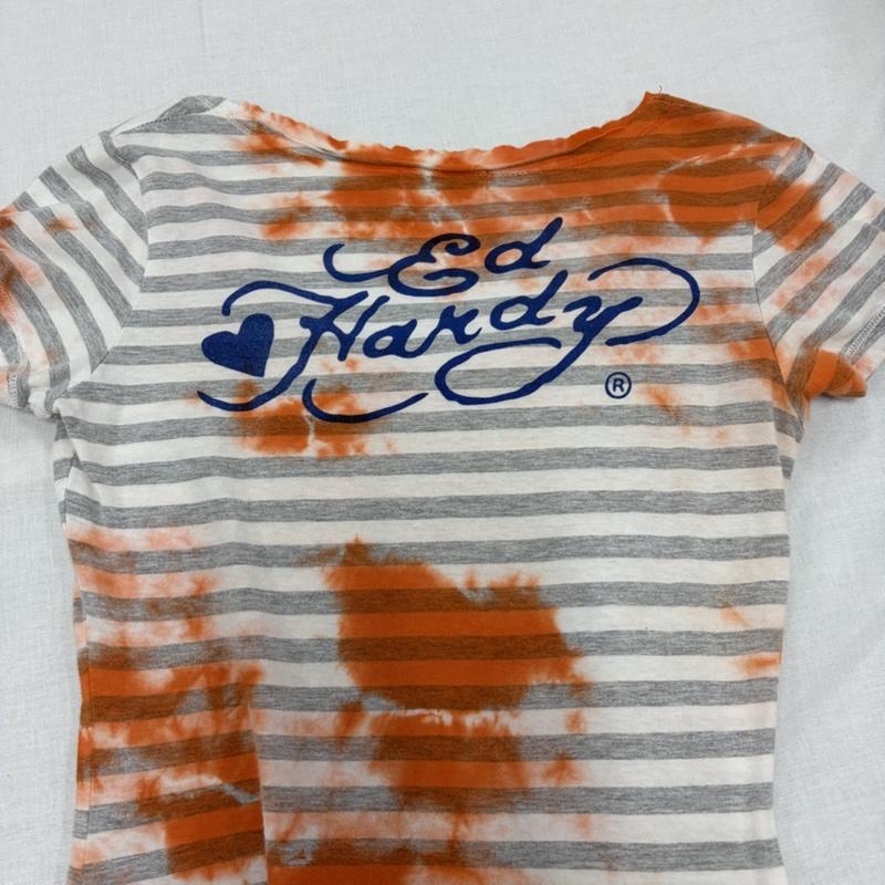 エドハーディー Ed Hardy Tシャツ 半袖 半袖 Tシャツ ボーダー ロゴ プリント Y2K タイダイ XS プリント X ロゴ、文字 橙 / オレンジ / orange X 白 / ホワイト / white X 灰 / グレー / gray レディース USED 古着 中古 50164943