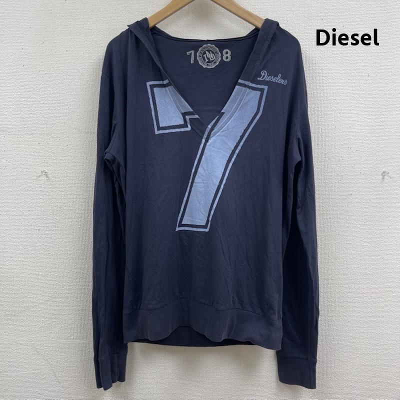 ディーゼル DIESEL カットソー 長袖 Vネック ナンバープリント ロゴ フーデッド カットソー パーカー L 紺 / ネイビー / navy メンズ USED 古着 中古 50165093