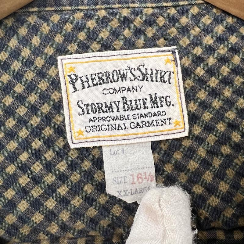 フェローズ Pherrow s シャツ、ブラウス 半袖 チェック シアサッカー イタリアンカラーシャツ 開襟 XXL 黒 / ブラック / black X カーキ / カーキ / khaki メンズ USED 古着 中古 50165108