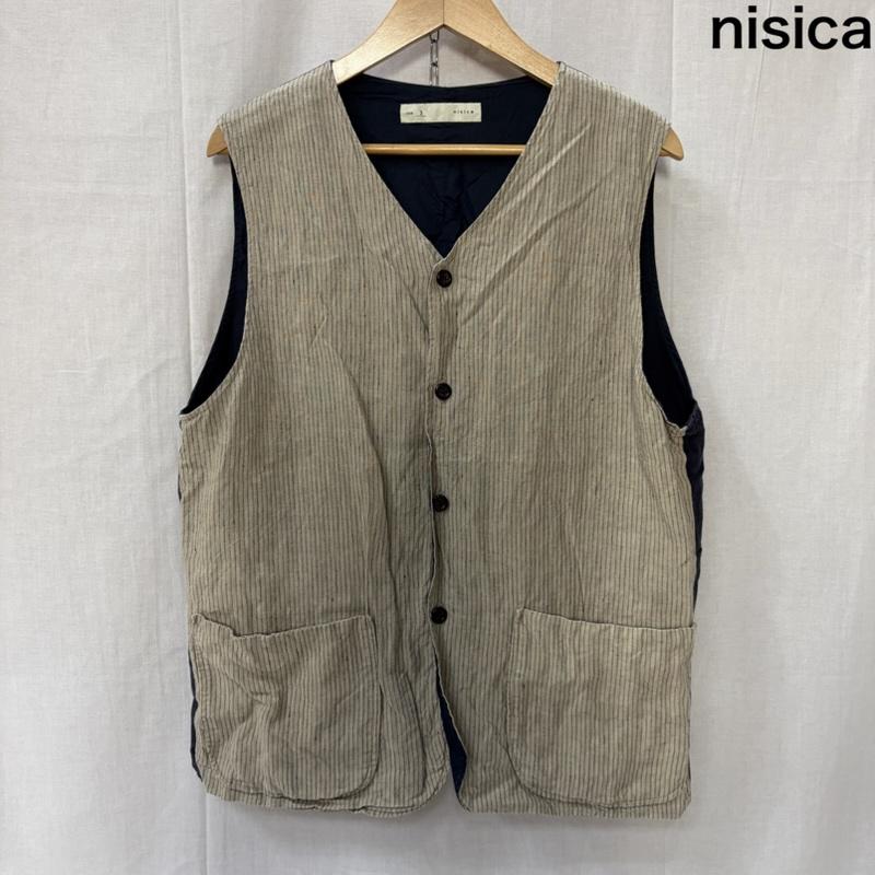 ニシカ nisica ベスト ベスト Vネック 綿麻ストライプベスト ポケット 3 ストライプ X 無地 紺 / ネイビー / navy X オフホワイト / オフホワイト / メンズ USED 古着 中古 50165134