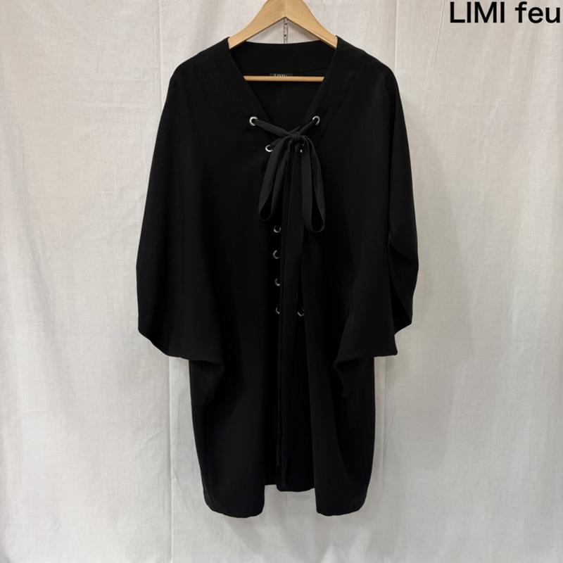 リミフゥ LIMI feu チュニック 半袖 リボンドルマンワンピース 変形 編み上げ lo-d12-900 アーカイブ ヨウジヤマモト made in japan - 無地 黒 / ブラック / black レディース USED 古着 中古 50165138