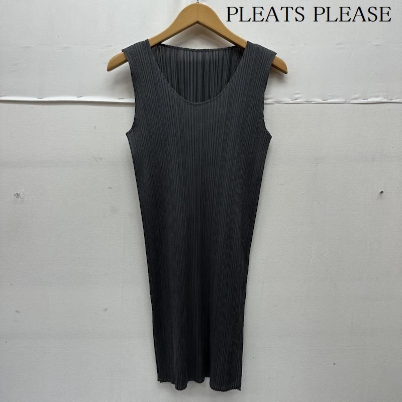 プリーツプリーズ PLEATS PLEASE カットソー 半袖 ISSEY MIYAKE プリーツ加工 ノースリーブ サイドスリット ロング カットソー PP04-JK615 3 灰 / グレー / gray レディース USED 古着 中古 50165247