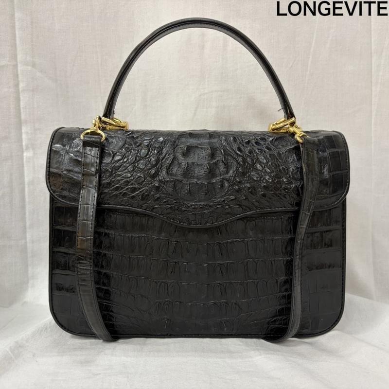 レザー レザー ショルダーバッグ ショルダーバッグ LONGEVITE クロコダイル ブラック ハンドバック 2WAY - 無地 黒 / ブラック / black X 金 / ゴールド / gold color レディース USED 古着 中古 50165260