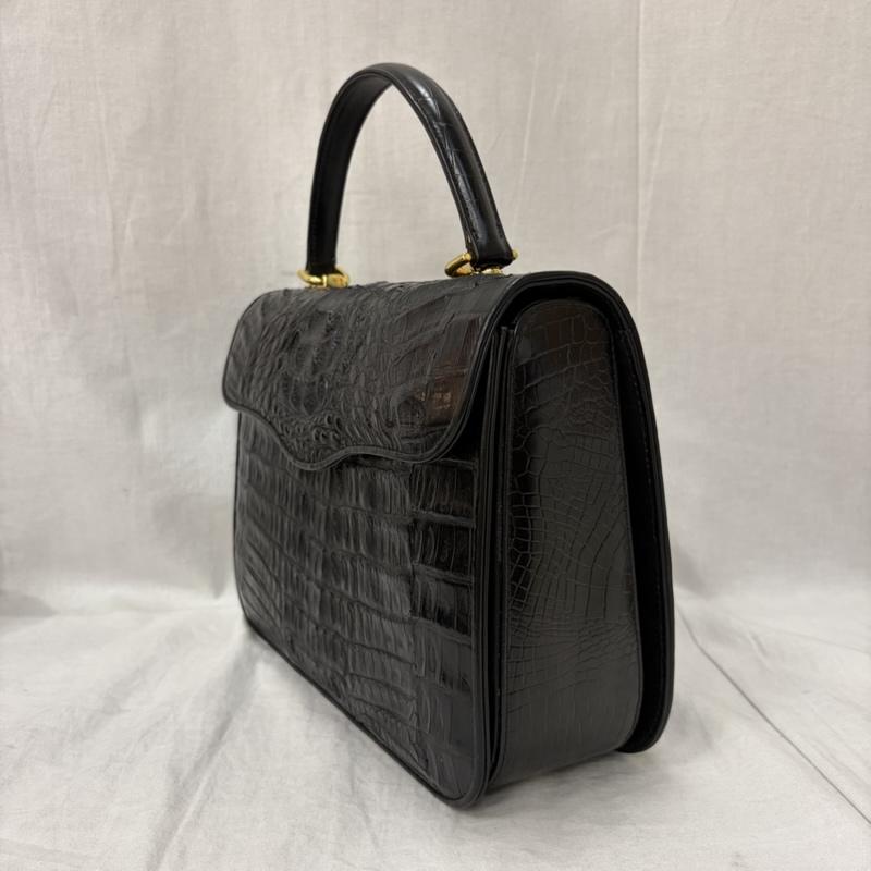 レザー レザー ショルダーバッグ ショルダーバッグ LONGEVITE クロコダイル ブラック ハンドバック 2WAY - 無地 黒 / ブラック / black X 金 / ゴールド / gold color レディース USED 古着 中古 50165260