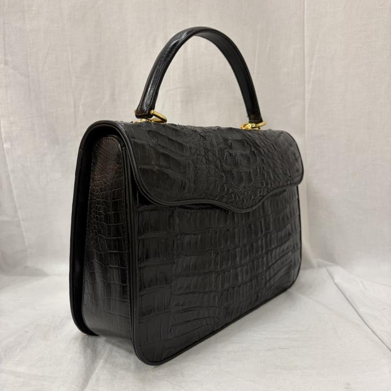 レザー レザー ショルダーバッグ ショルダーバッグ LONGEVITE クロコダイル ブラック ハンドバック 2WAY - 無地 黒 / ブラック / black X 金 / ゴールド / gold color レディース USED 古着 中古 50165260