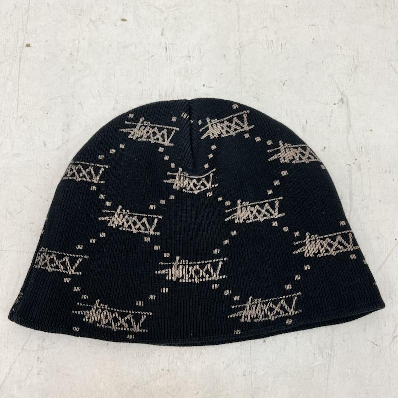 ステューシー STUSSY 帽子 ニット帽 00s 25周年 ロゴ総柄 モノグラム コットンニット ビーニー - 黒 / ブラック / black メンズ USED 古着 中古 50165323