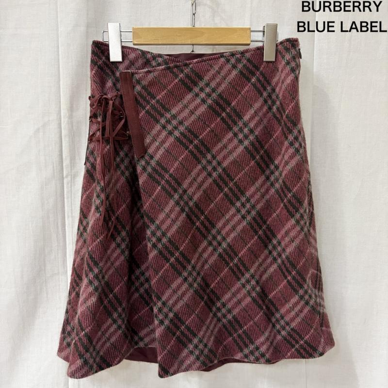 バーバリーロンドン Burberry London スカート ミニスカート ラップスカート風 フレアミニスカート リボン チェック 赤系 38 チェック 桃 / ピンク / pink X えんじ / ワインレッド / dark red レディース USED 古着 中古 50165326