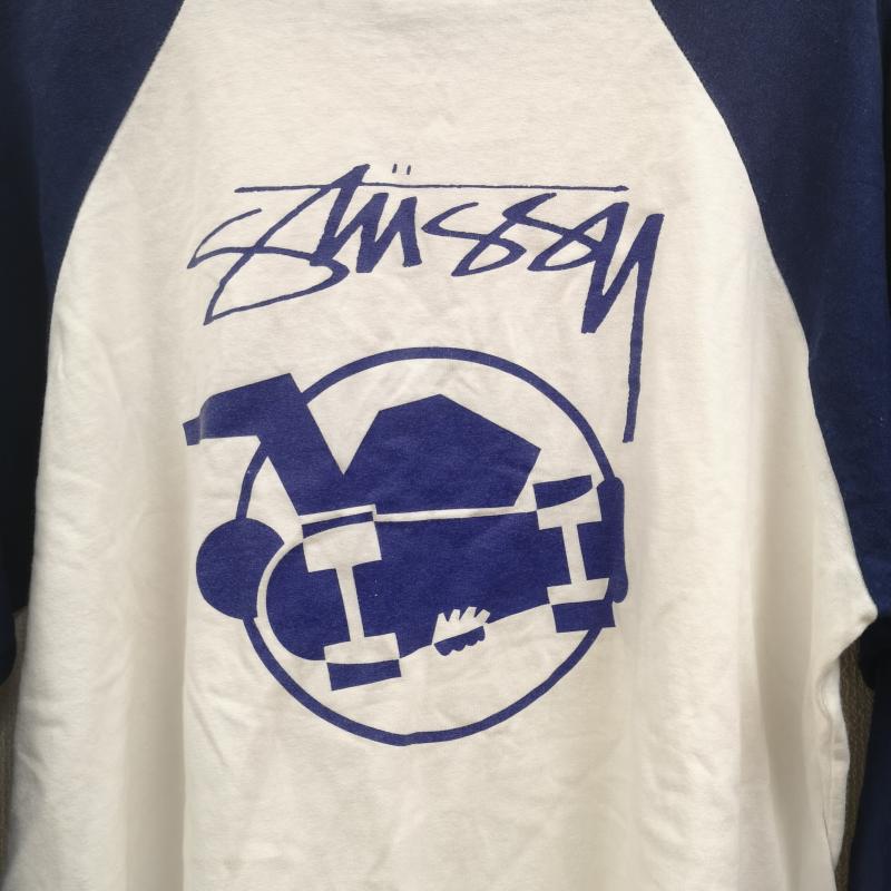 ステューシー STUSSY カットソー 七分袖 00s USA製 切り替え スケボー スケートボード ラグランTシャツ L 紺 / ネイビー / navy メンズ USED 古着 中古 50165460
