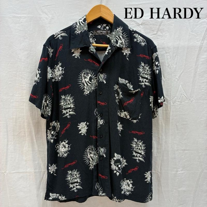 エドハーディー Ed Hardy シャツ、ブラウス 半袖 スカル ローズ ハート パンサー レーヨン オープンカラー アロハシャツ M メンズ USED 古着 中古 50165500
