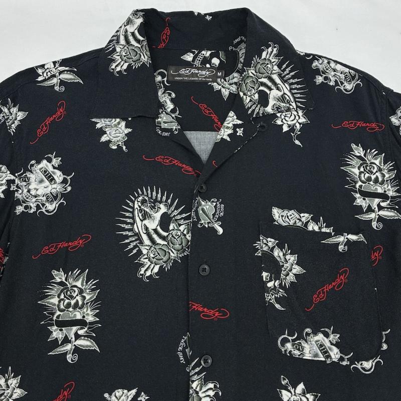 エドハーディー Ed Hardy シャツ、ブラウス 半袖 スカル ローズ ハート パンサー レーヨン オープンカラー アロハシャツ M メンズ USED 古着 中古 50165500