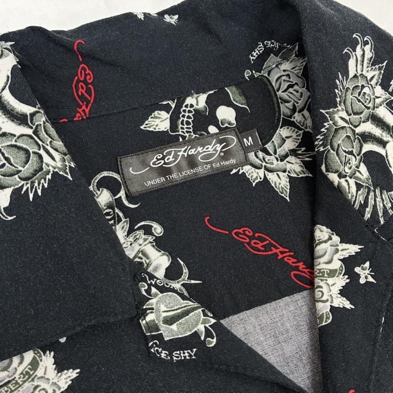 エドハーディー Ed Hardy シャツ、ブラウス 半袖 スカル ローズ ハート パンサー レーヨン オープンカラー アロハシャツ M メンズ USED 古着 中古 50165500