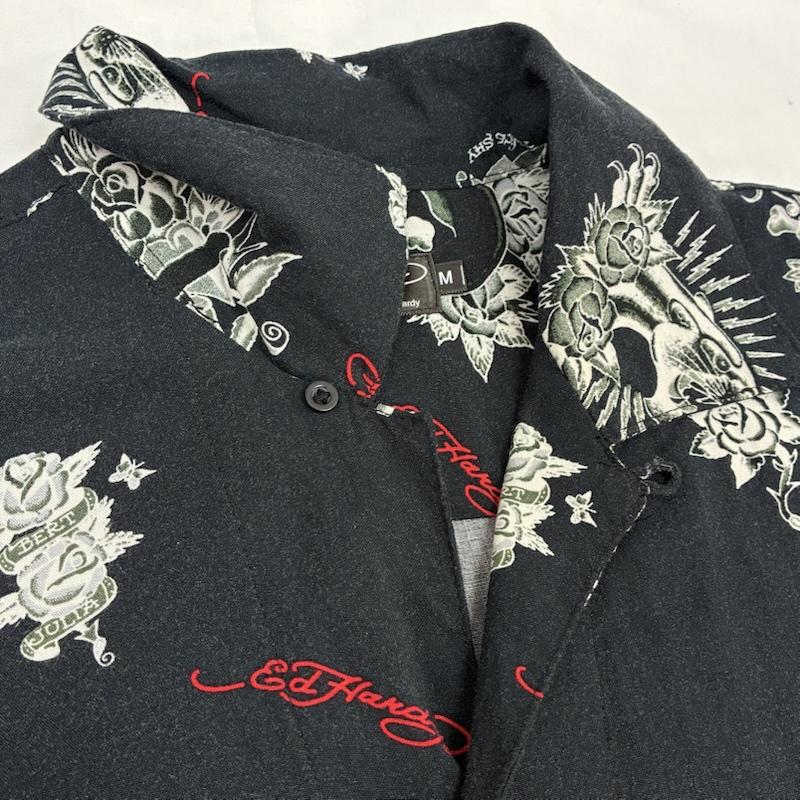 エドハーディー Ed Hardy シャツ、ブラウス 半袖 スカル ローズ ハート パンサー レーヨン オープンカラー アロハシャツ M メンズ USED 古着 中古 50165500