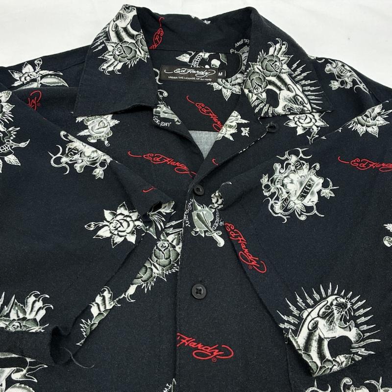 エドハーディー Ed Hardy シャツ、ブラウス 半袖 スカル ローズ ハート パンサー レーヨン オープンカラー アロハシャツ M メンズ USED 古着 中古 50165500