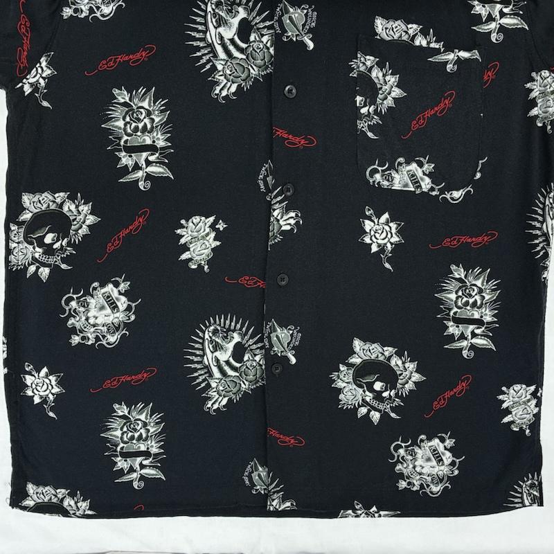 エドハーディー Ed Hardy シャツ、ブラウス 半袖 スカル ローズ ハート パンサー レーヨン オープンカラー アロハシャツ M メンズ USED 古着 中古 50165500