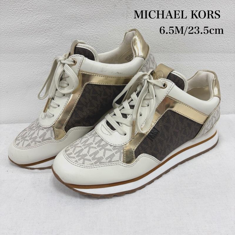 マイケルコース MICHAEL KORS スニーカー スニーカー MK ロゴ モノグラム レザー ローカット スニーカー 23.5cm ロゴ、文字 白 / ホワイト / white X 茶 / ブラウン / brown X 金 / ゴールド / gold color レディース USED 古着 中古 50165524