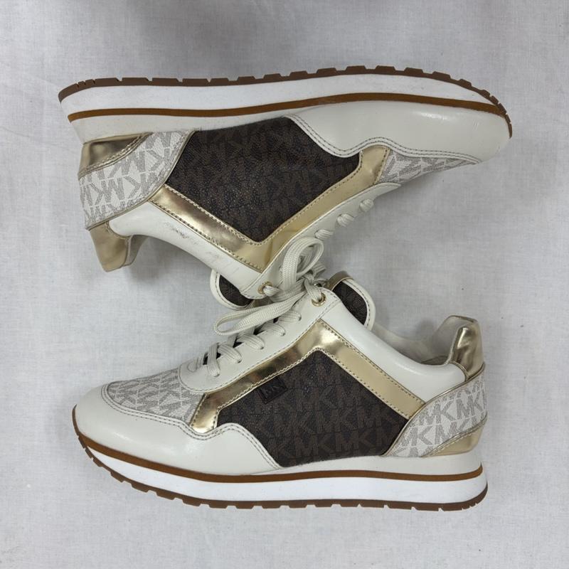 マイケルコース MICHAEL KORS スニーカー スニーカー MK ロゴ モノグラム レザー ローカット スニーカー 23.5cm ロゴ、文字 白 / ホワイト / white X 茶 / ブラウン / brown X 金 / ゴールド / gold color レディース USED 古着 中古 50165524