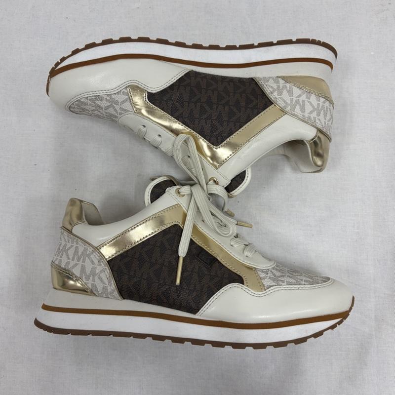 マイケルコース MICHAEL KORS スニーカー スニーカー MK ロゴ モノグラム レザー ローカット スニーカー 23.5cm ロゴ、文字 白 / ホワイト / white X 茶 / ブラウン / brown X 金 / ゴールド / gold color レディース USED 古着 中古 50165524